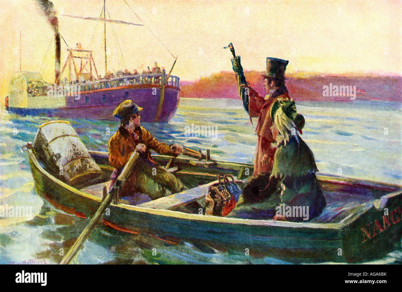 Passengers hailing a riverboat to board from a rowboat in mid-stream early 1800s. Color halftone of an illustration Stock Photo