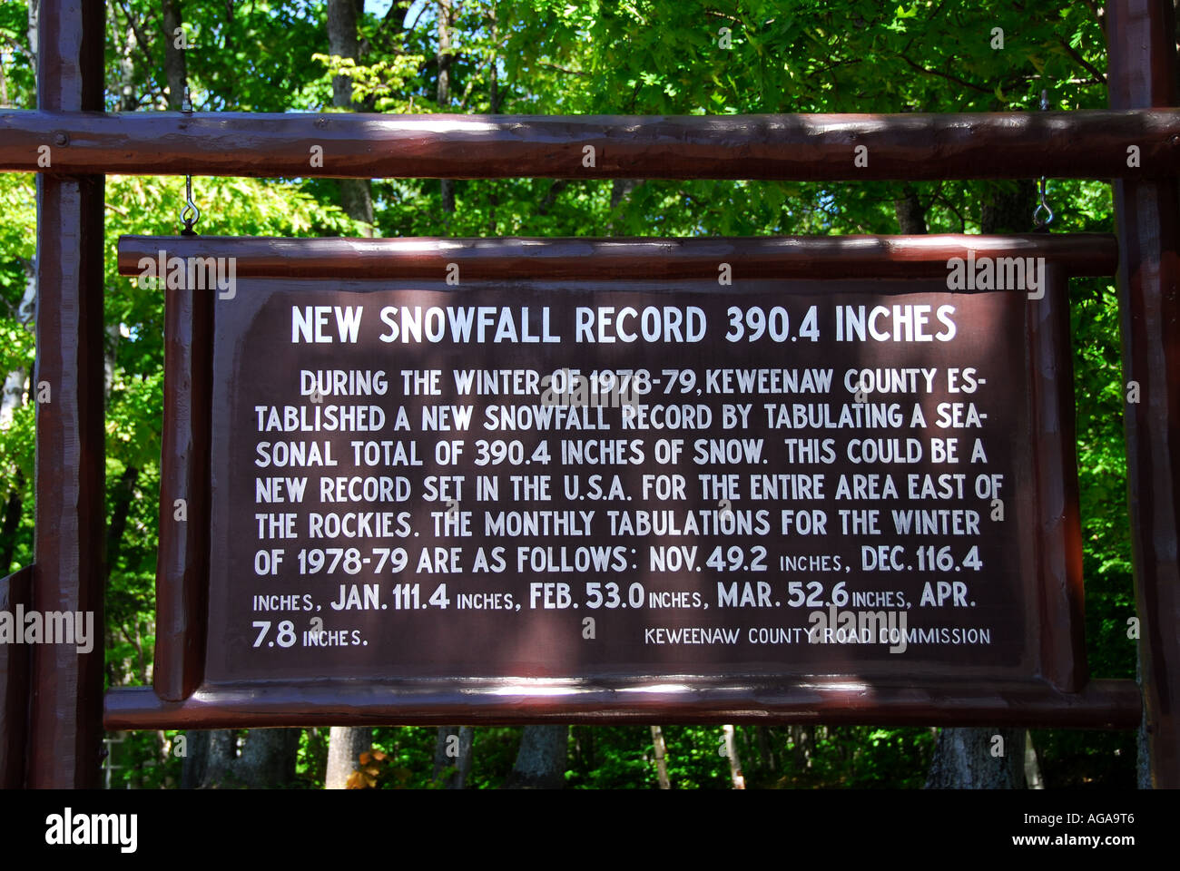 Michigan record high snowfall marker 390.4 inches sign Stock Photo Alamy