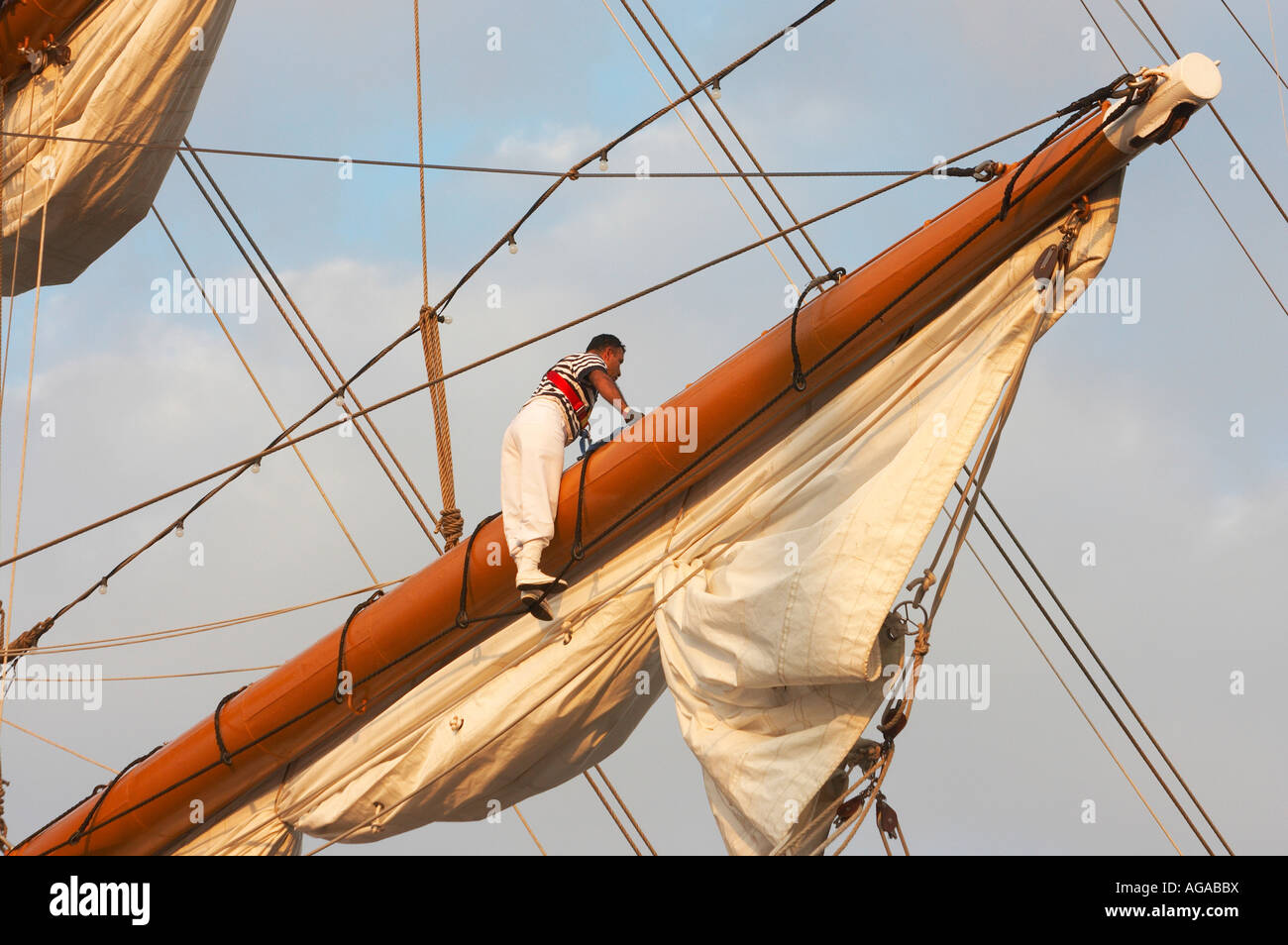 Crew of the Mexican navy tall ship, Cuauhtemoc, inspects the rigging as