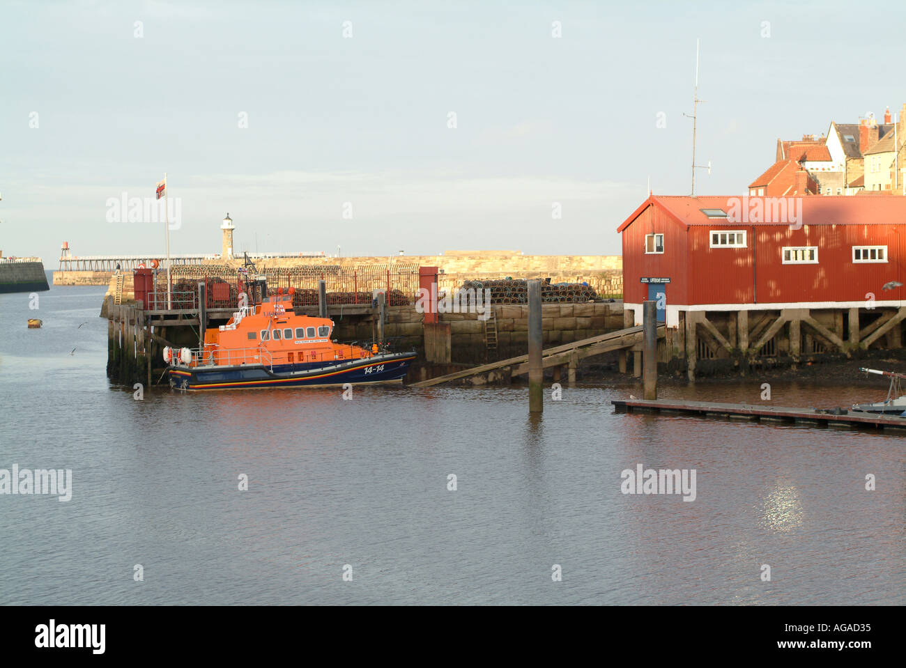 Trent Class Whitby Lifeboat George and Mary Webb and Station on River Esk at Whitby Harbour North Yorkshire England UK Stock Photo