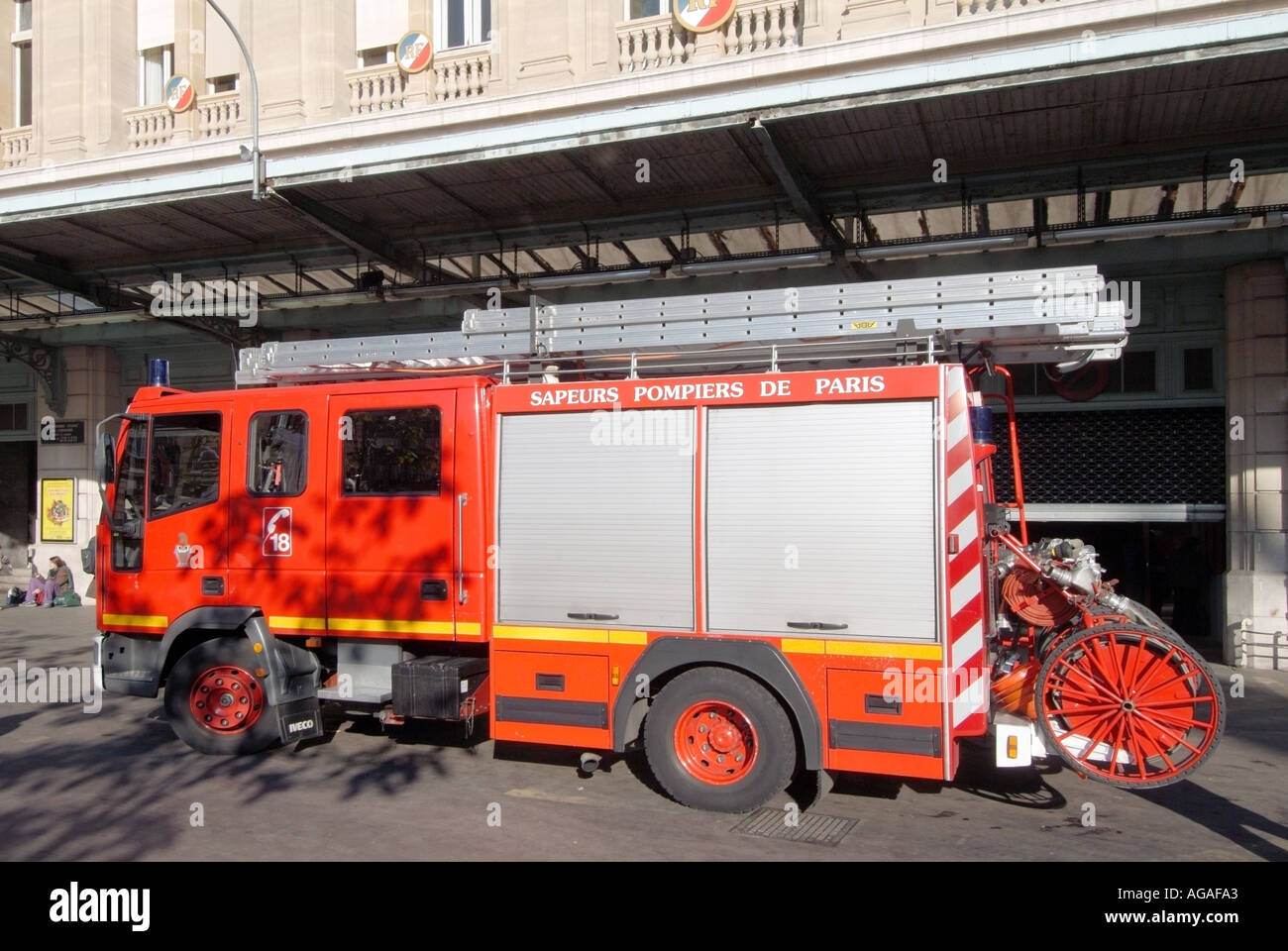 Paris fire engine parked outside the entrance to Gare St Lazare railway station Stock Photo