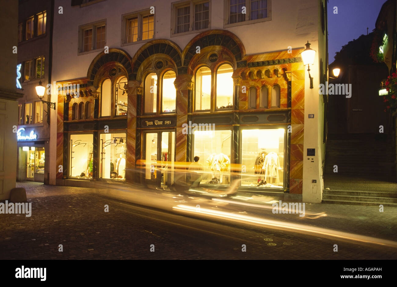 Switzerland Zurich fashion shop in old city center Zum Thor 1593 Stock