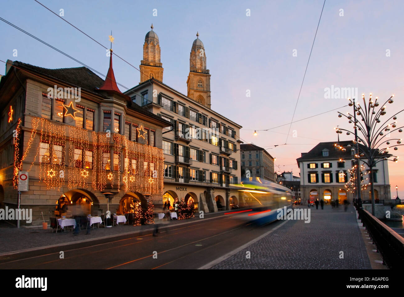 Switzerland Zurich Limmatquai tram Grossmunster christmas illumination Stock Photo