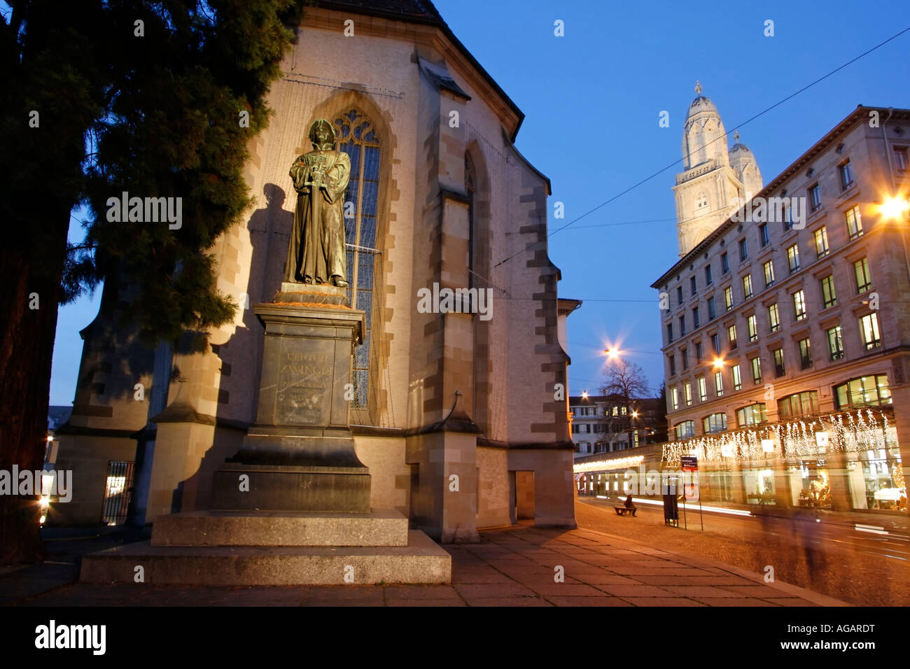 Switzerland Zurich statue Zwingle statue in front of water church Grossmuenster Stock Photo