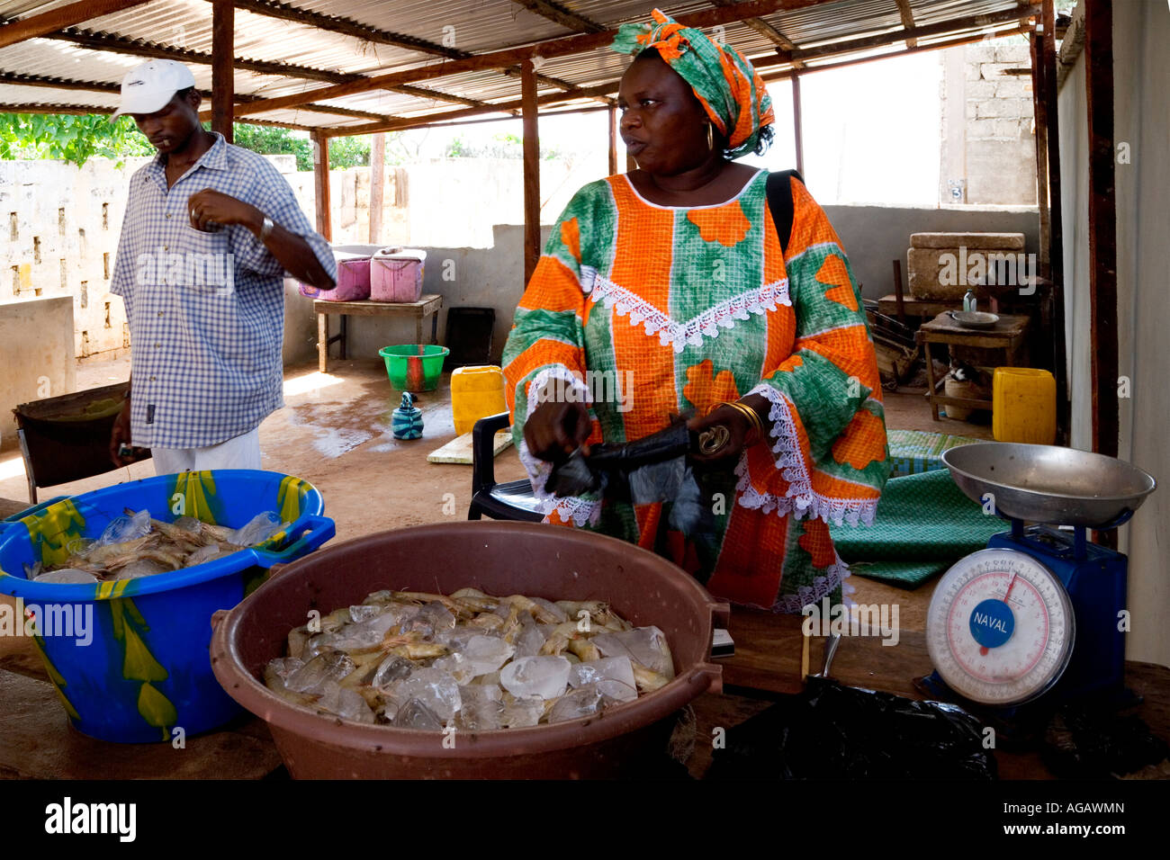 Gambian woman selling fish at Bakau fish market in The Gambia, Africa