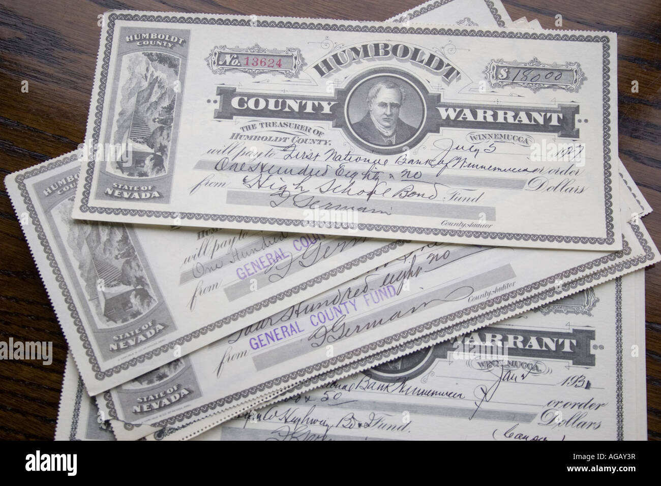 Humboldt County warrants, old warrant issued by the County to pay for it's services. Stock Photo