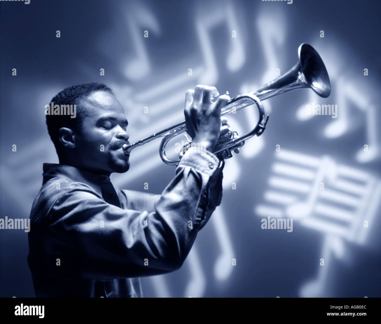 USA, Texas, Young woman playing trumpet stock photo