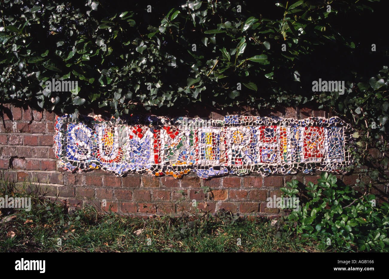 Mosaic entrance sign Summerhill school Leiston Suffolk Stock Photo