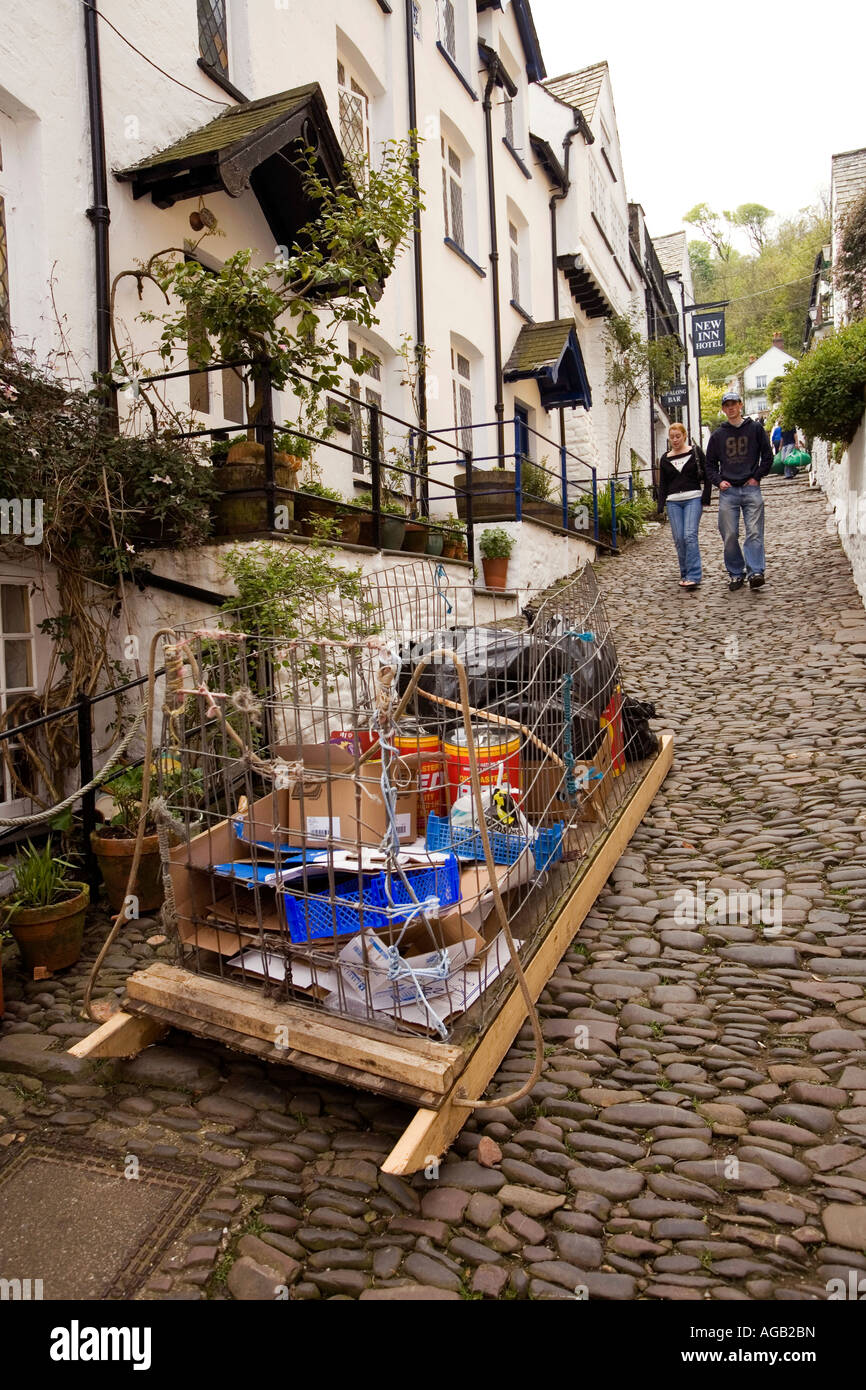 UK Devon Clovelly village main street wooden sled used for domestic
