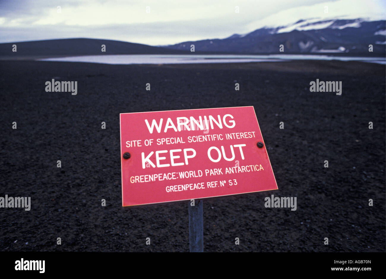 Antarctica Greenpeace display board with text: Site of special scientific interest. World Park Antarctica Stock Photo