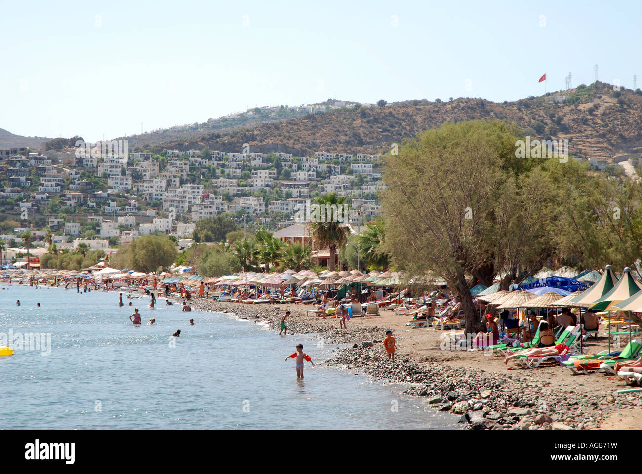 View on Aegean Sea and beach in Ortakent Yashi town in Turkey Stock Photo