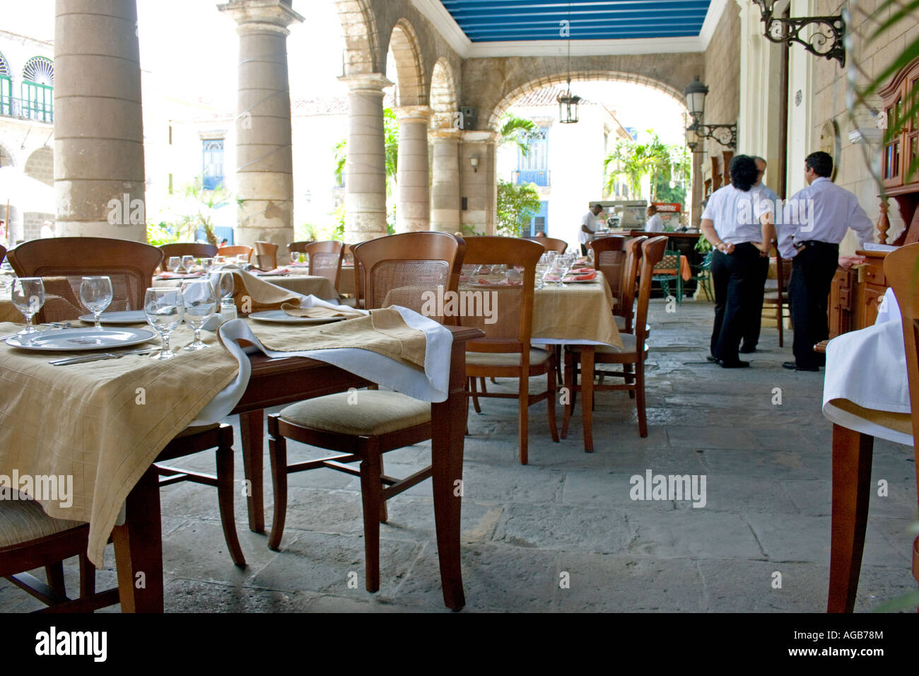 Colonial-style restaurant terrace, Plaza de la Catedral, Havana Vieja, Cuba Stock Photo