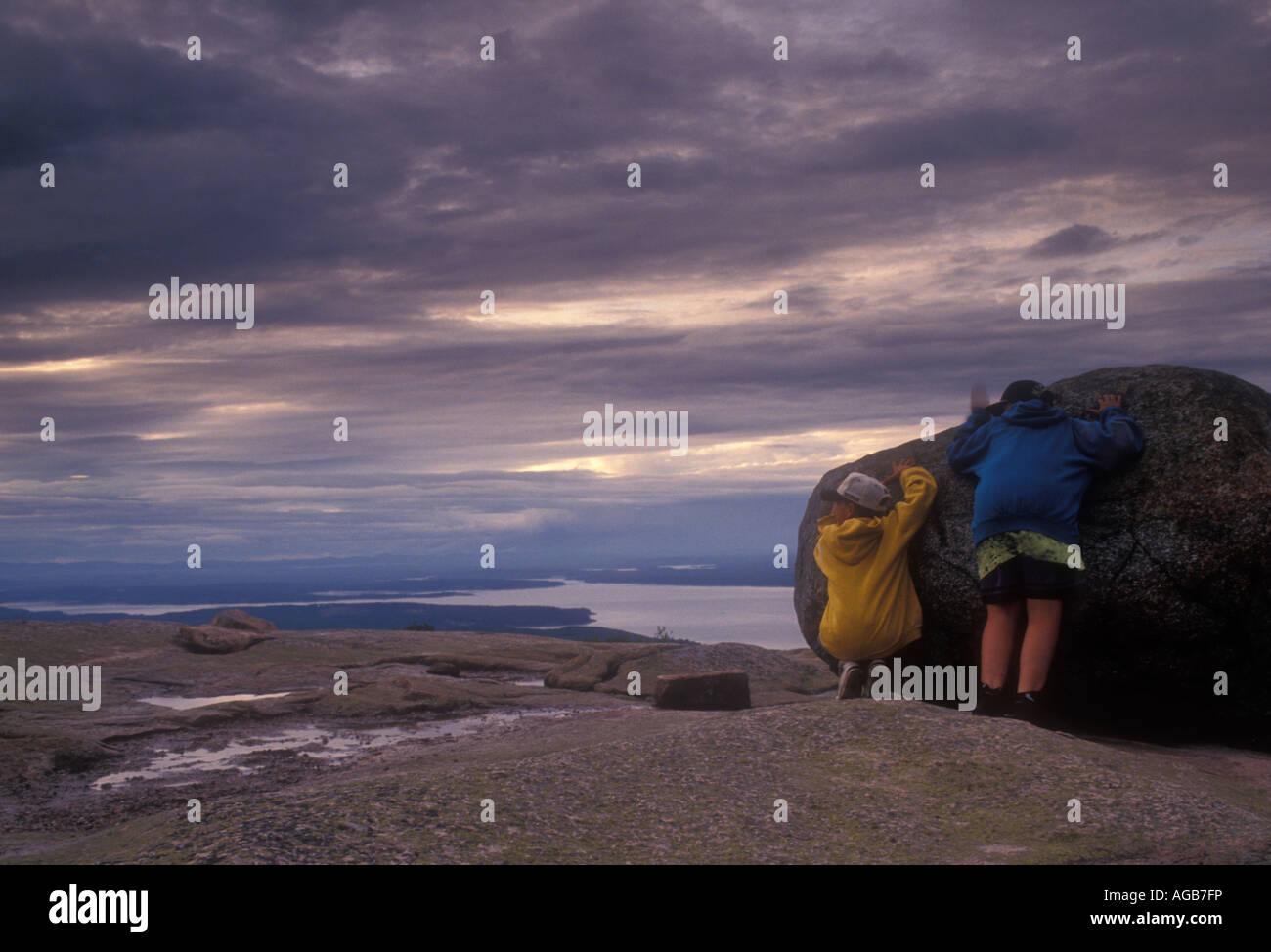 Children on Caddilac mountain Bar Harbour Maine USA Stock Photo