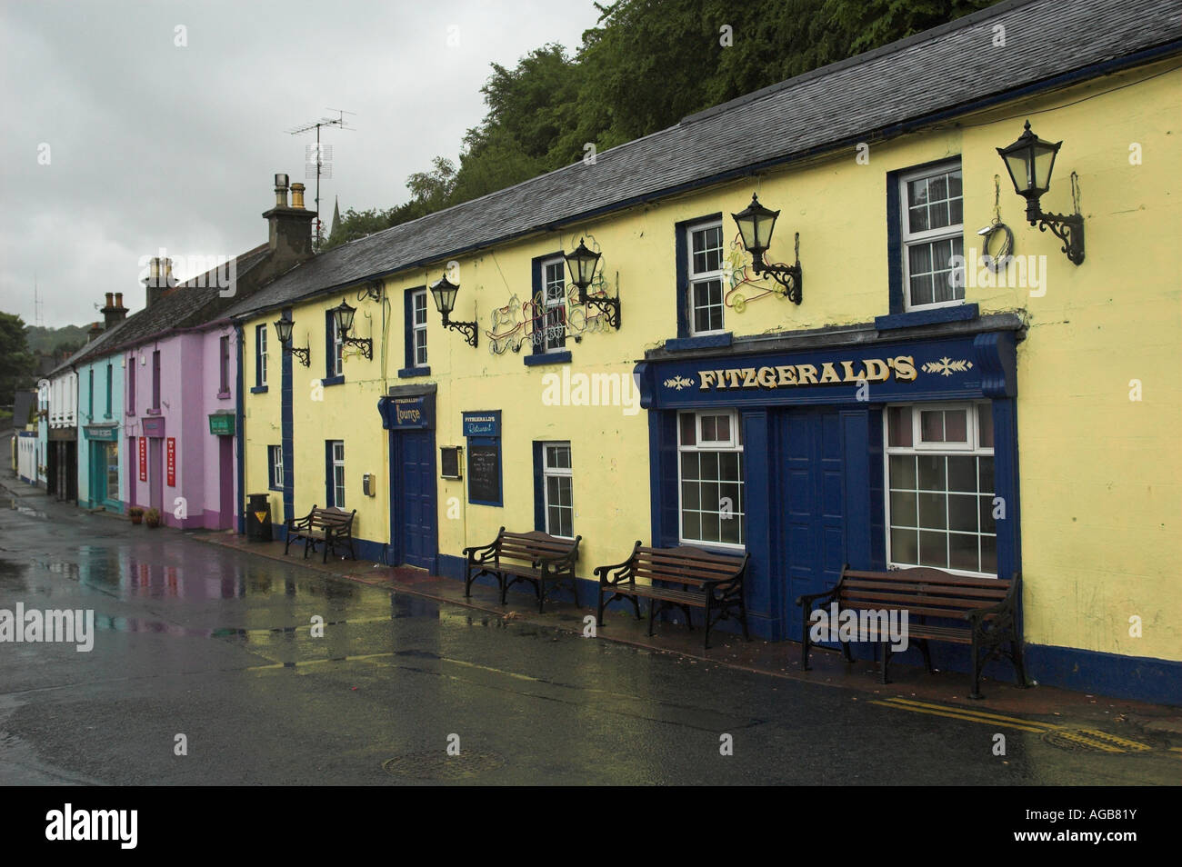 The main street in Avoca Village, County Wicklow, Ireland with