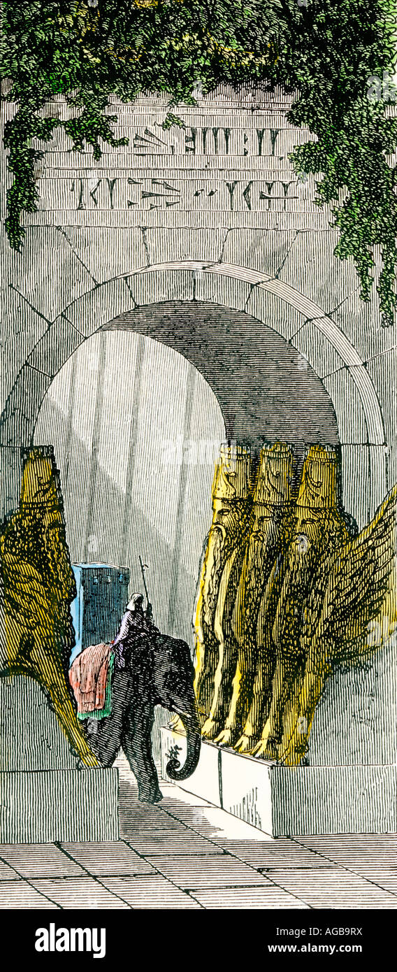 Entering the Hanging Gardens of Babylon in ancient times. Hand-colored woodcut Stock Photo
