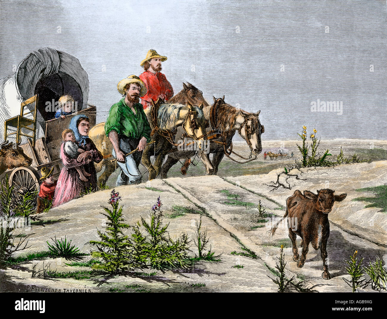 Arkansas pilgrims a westbound family crossing the Great Plains in a covered wagon. Hand-colored woodcut Stock Photo