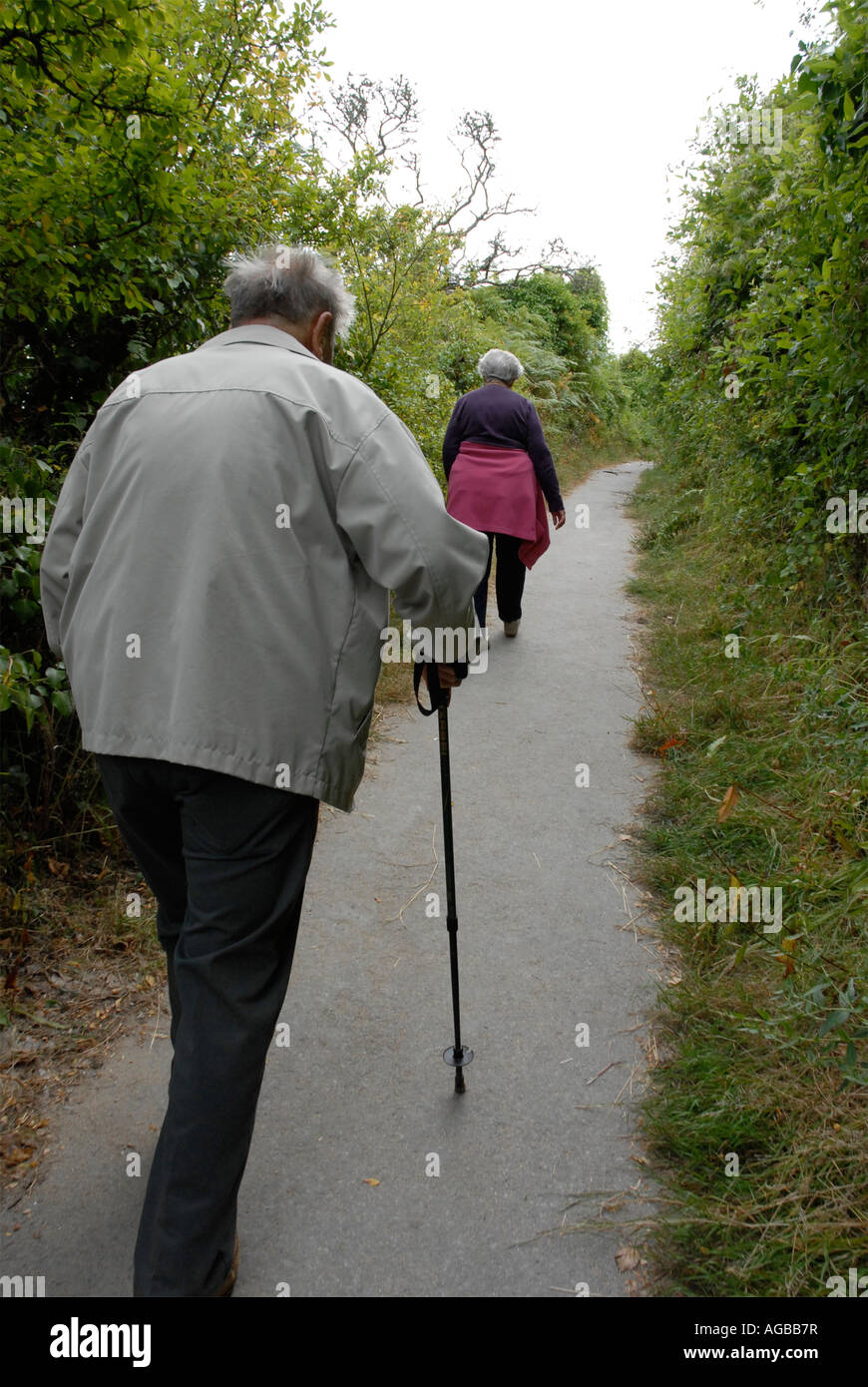 Rear view of an elderly man walking in the country with …