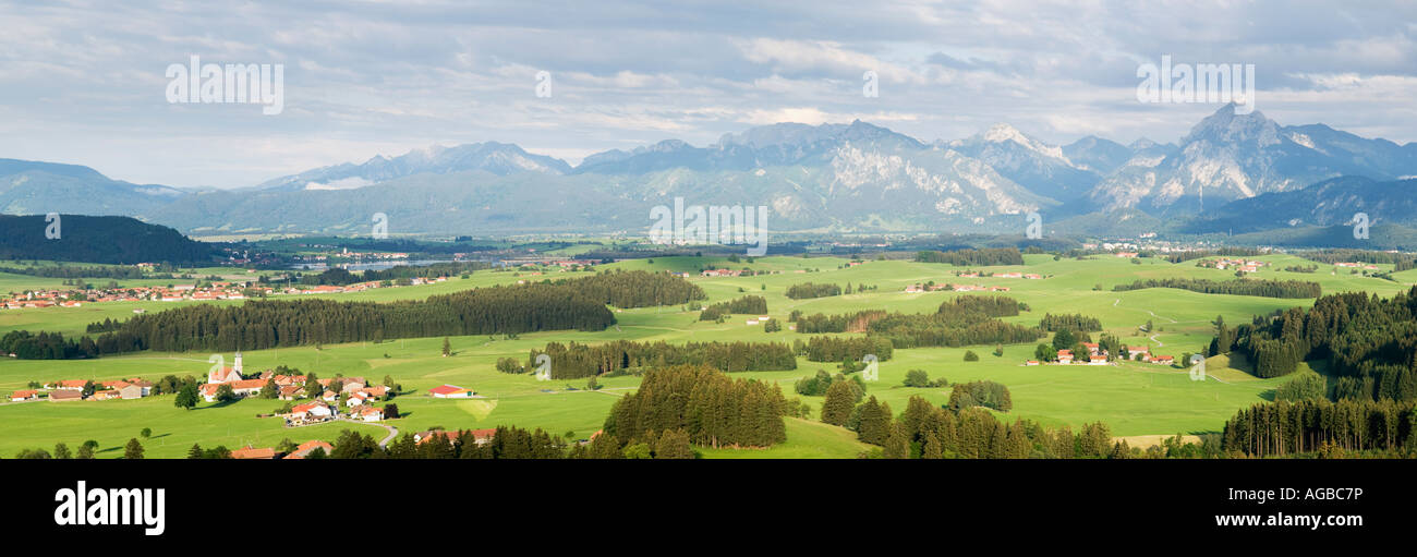 panoramic of rural German farm land and mountains of the Allgaeu region