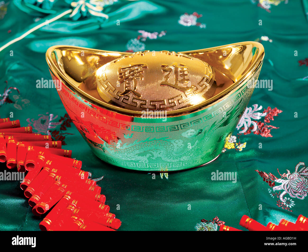 Gold ingot, Chinese New Year Ornament, Close up Stock Photo