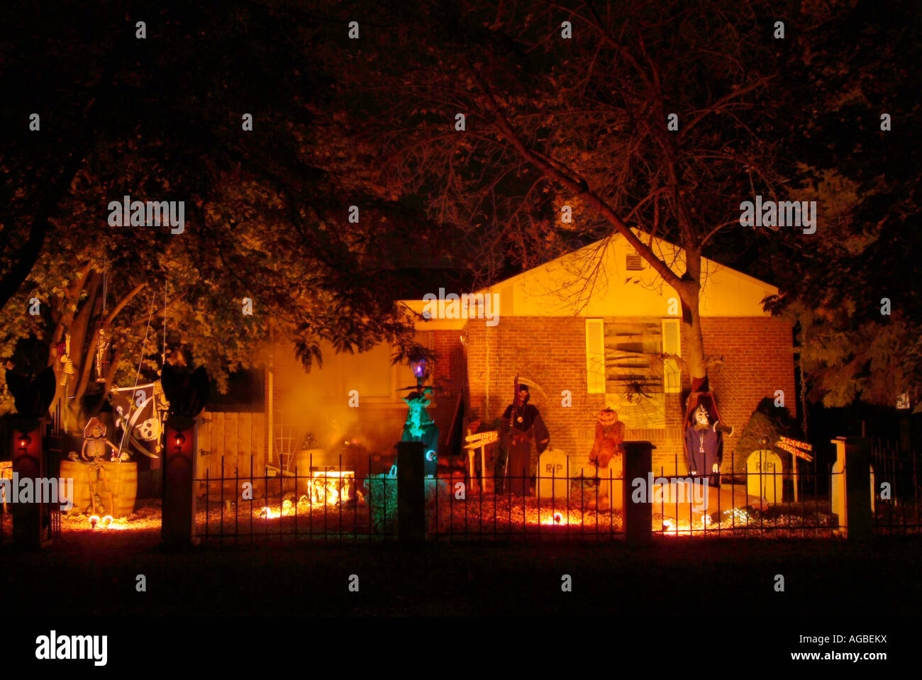 Very well decorated suburban Halloween haunted house Stock Photo
