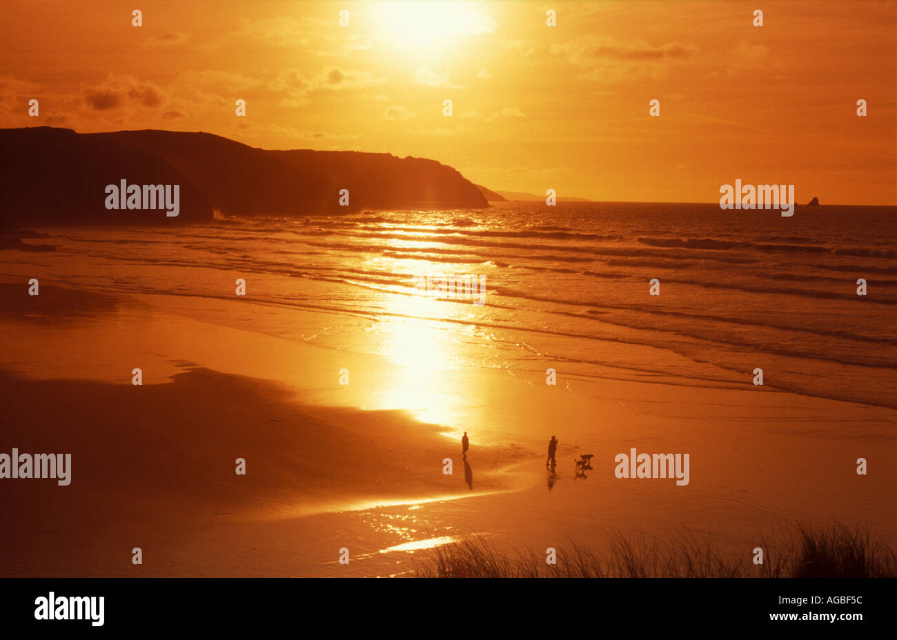 Sunset over beach at Perranporth on the north coast of Cornwall, UK Stock Photo