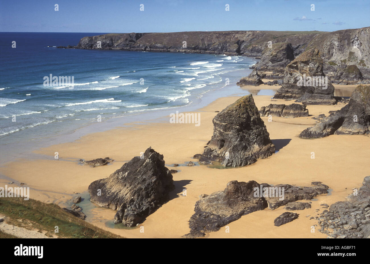 The famous Bedruthan Steps showing coastal erosion, near Newquay on the north coast of Cornwall in the UK Stock Photo