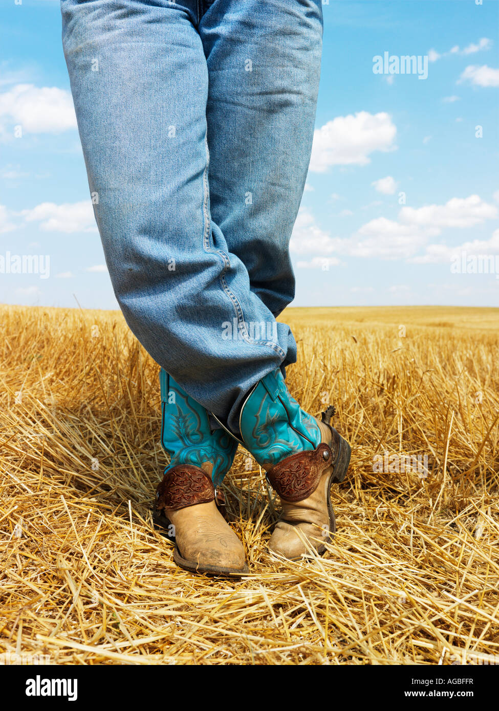 Cowboy standing in harvested crop field wearing funky cowboy boots Stock Photo