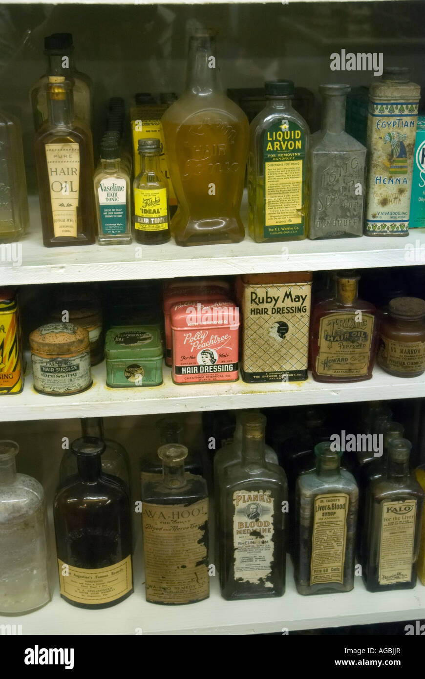 antique drug store items on display at Authentic Old Drug Store museum and cafe St Augustine Florida Stock Photo