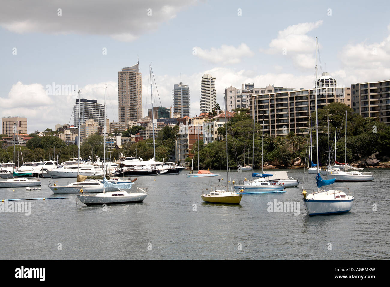 Boats and ships in Rushcutter Bay with Darling Point suburb in Sydney New South Wales NSW Australia Stock Photo