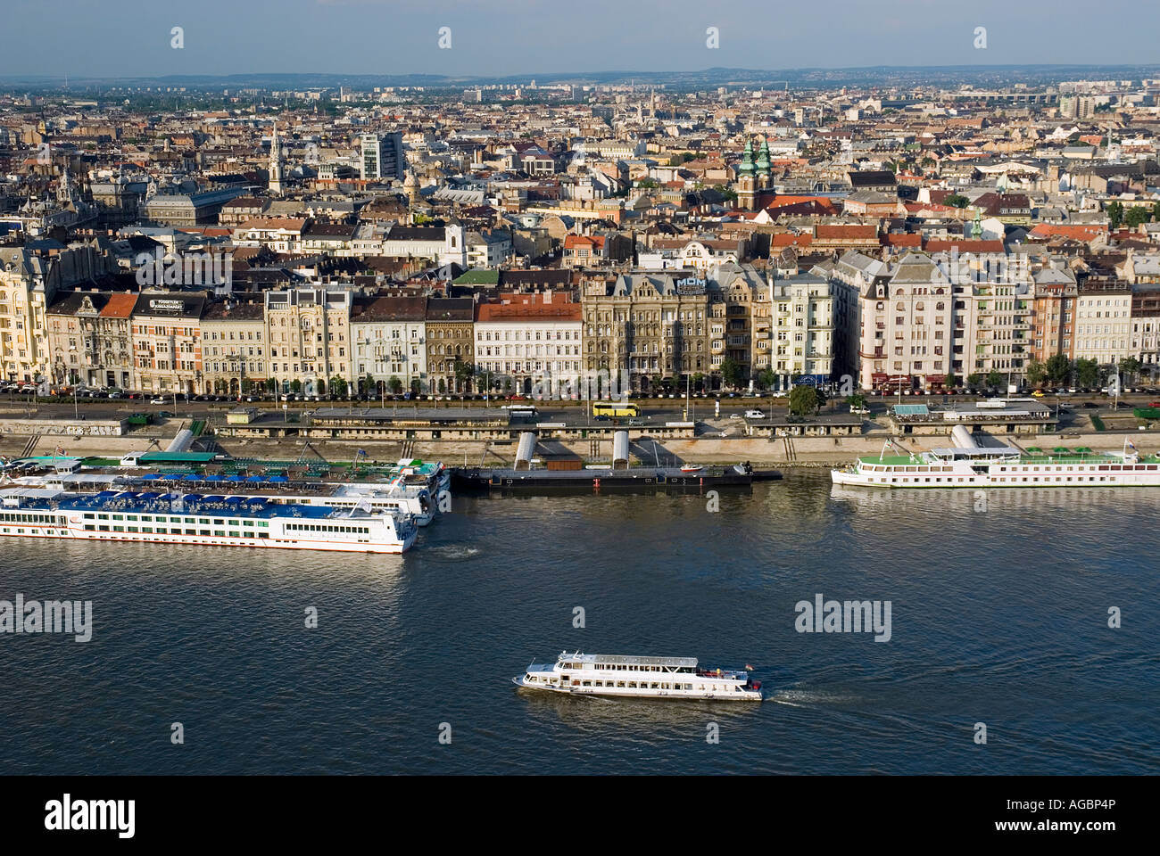 Between Elizabeth Bridge Erzsebet hid and Liberty Bridge Szabadsag hid from Gellert Hill Gellert hegy Budapest Hungary Stock Photo
