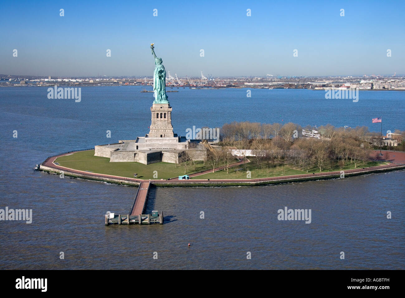 Aerial view of Liberty Island and Statue of Liberty Stock Photo