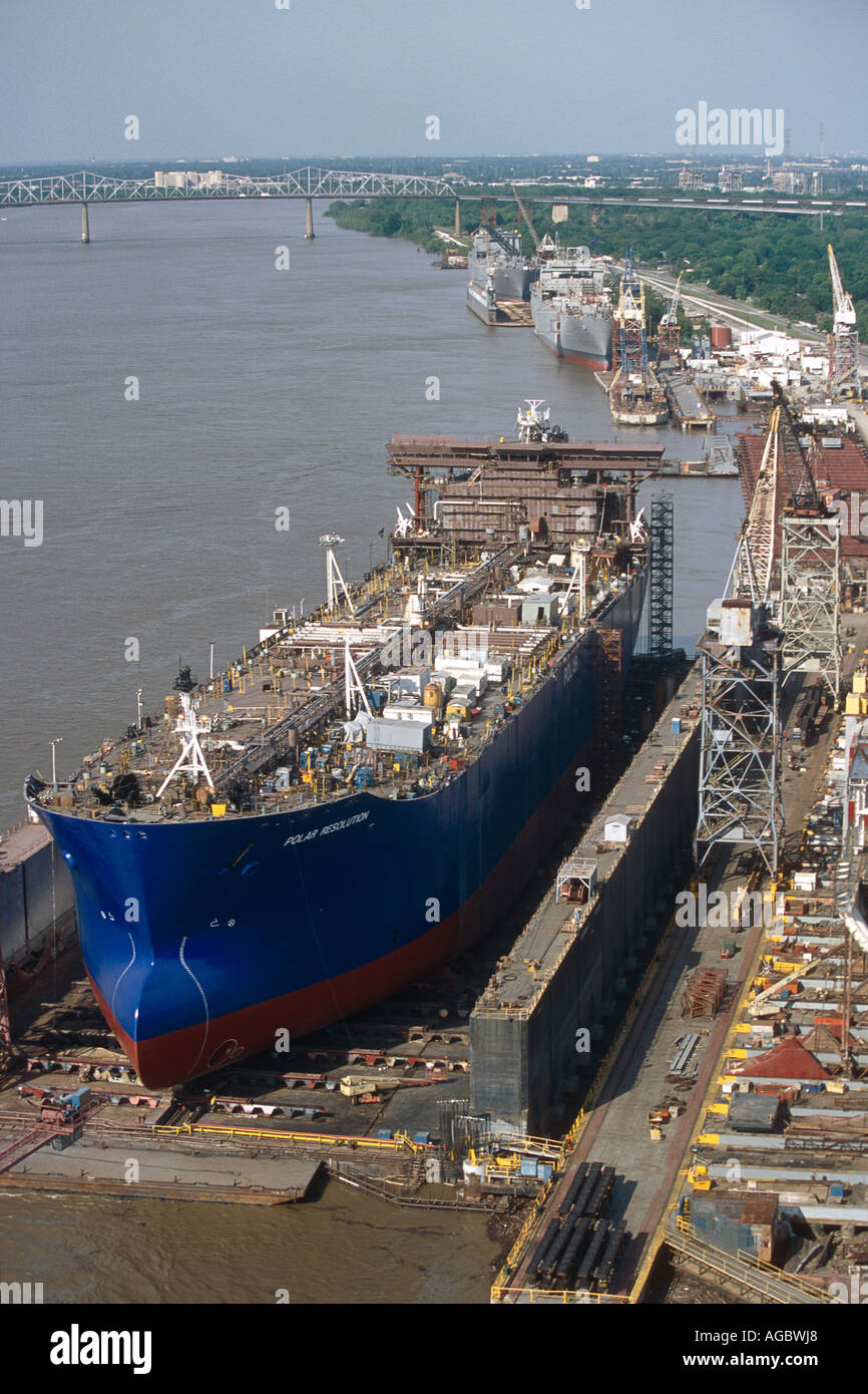 Aerial of Oil tanker in floating dry dock Port of New Orleans Louisiana