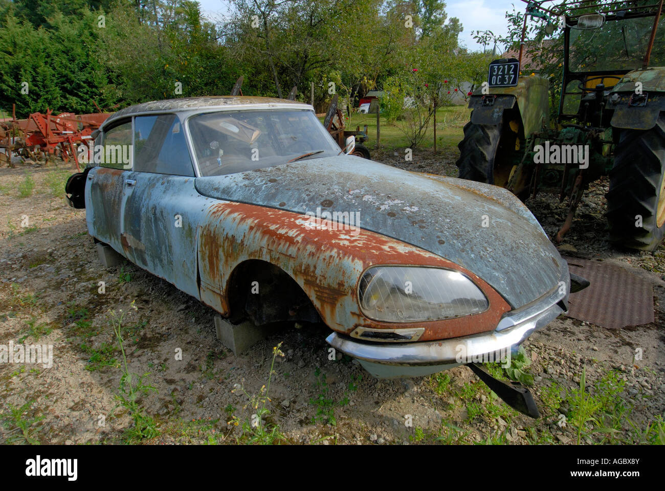 Rusty classic Citroen DS19 saloon car in French village. Stock Photo
