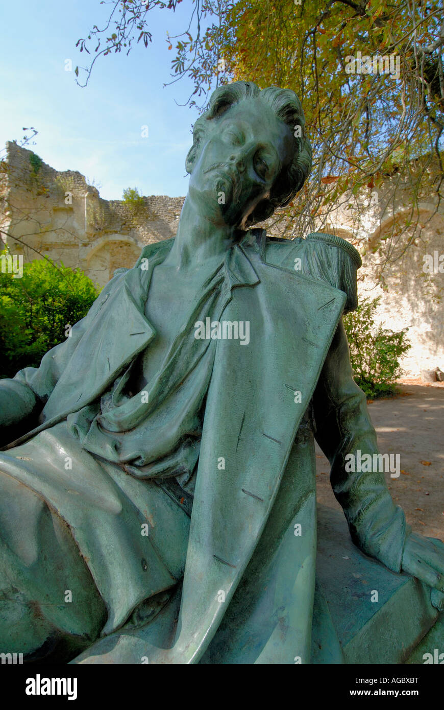 Reclining statue of Count Xavier Branicki in the grounds of the chateau at Montresor, Touraine, France. Stock Photo