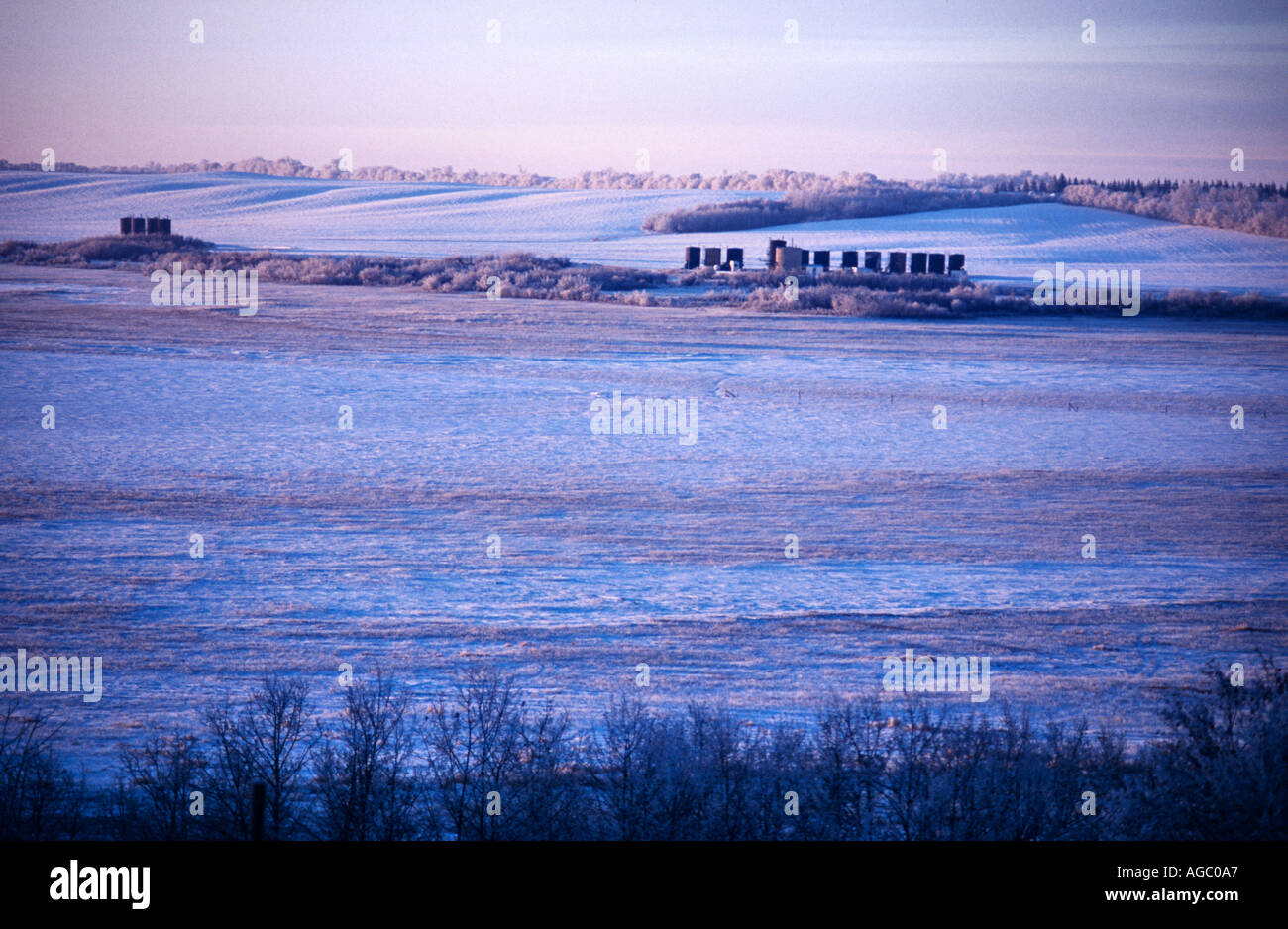 Oil tanks in winter field Stock Photo