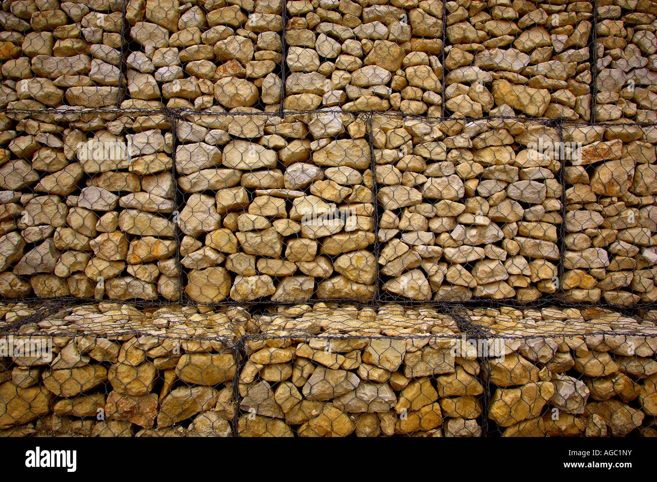 Square wire baskets holding rocks to prevent landslips in the Abruzzo
