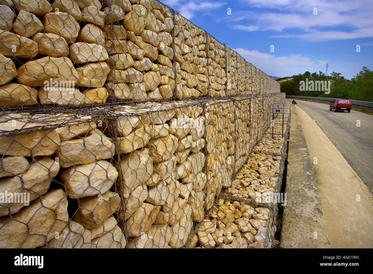 Square wire baskets holding rocks to prevent landslips in the Abruzzo