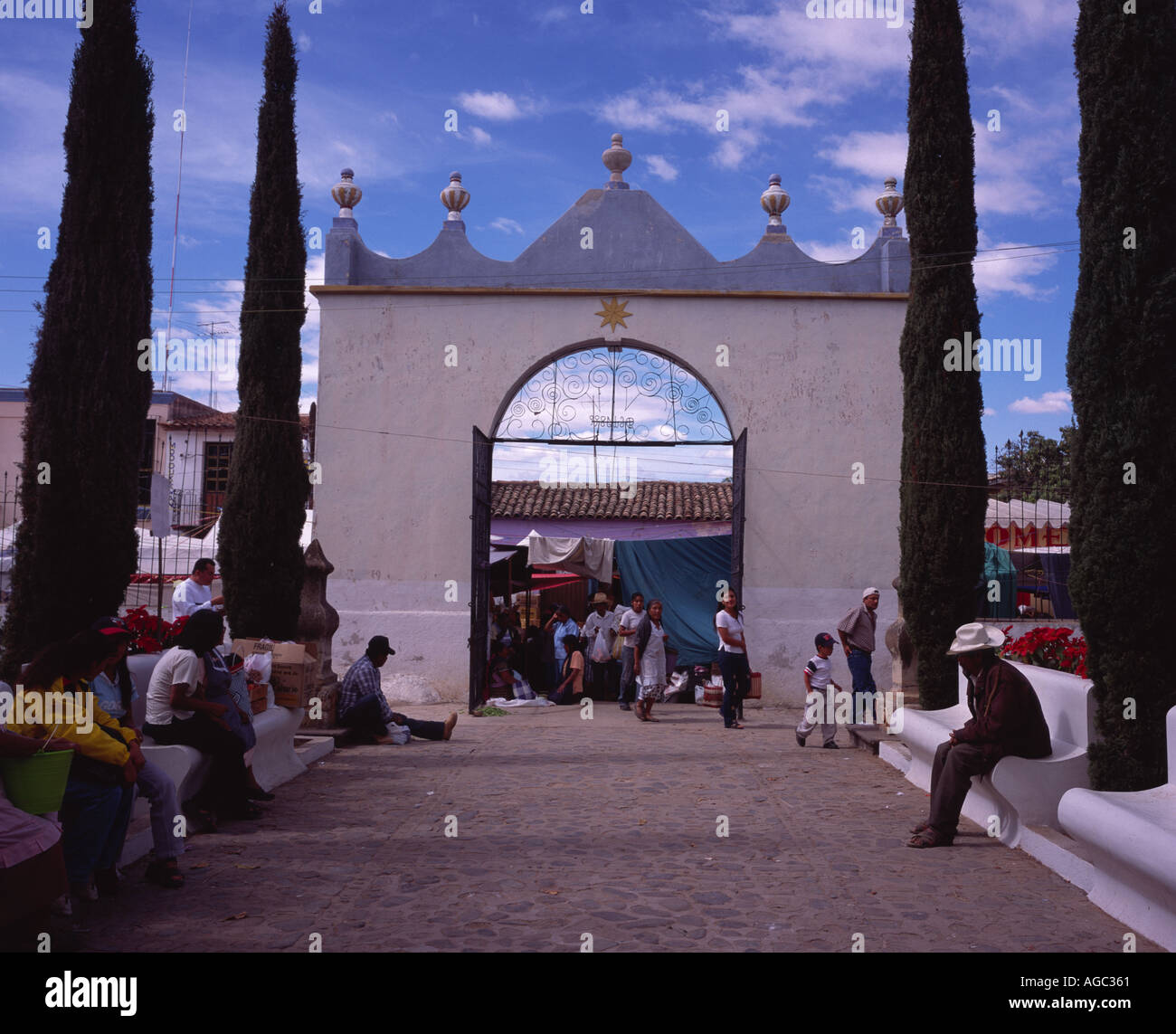 Gate and atrium leading away from the Temple of Santo Domingo de Guzmán Ocotlán de Morelos Oaxaca Mexico Stock Photo