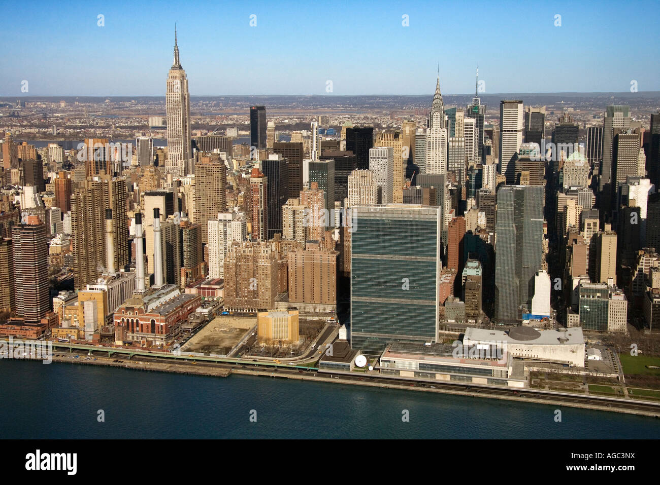 Aerial view of East River and Midtown Manhattan Buildings in New York ...