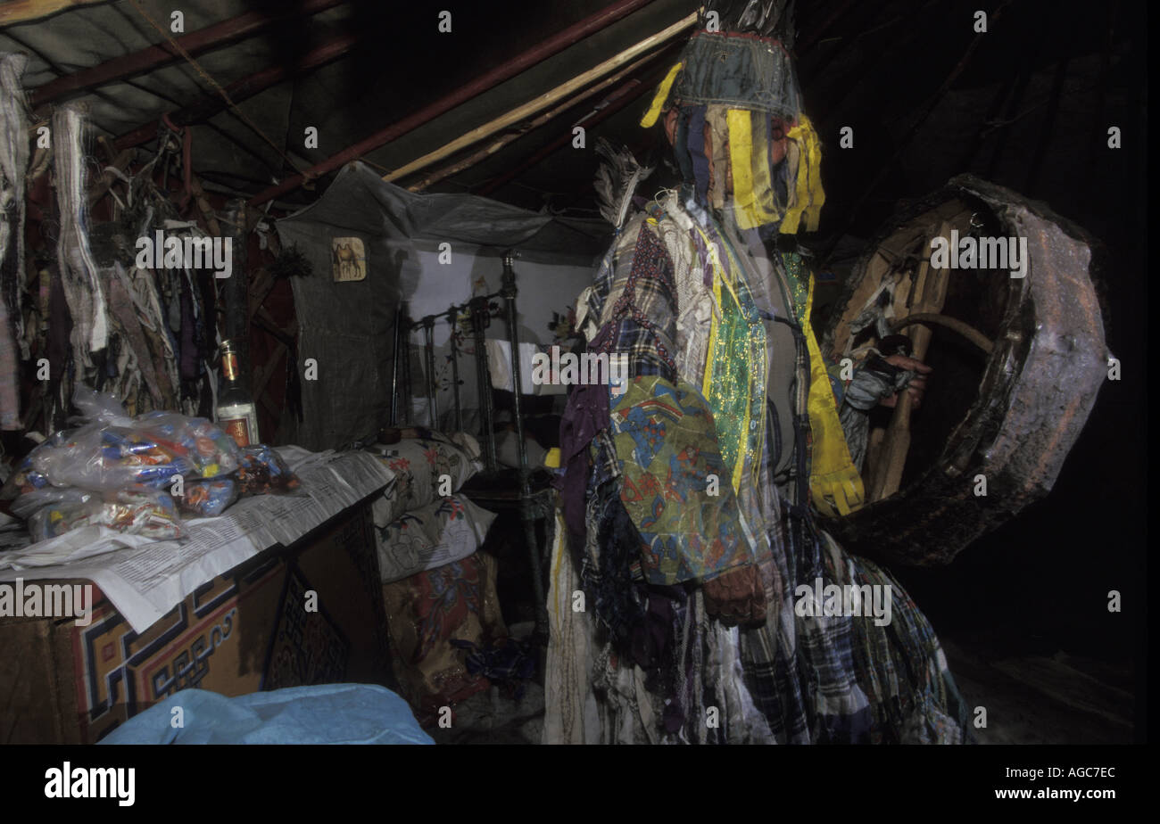 A shaman ges into trance inside a Tsaatan family ger Yurt in Northern outer Mongolia Russian border Stock Photo
