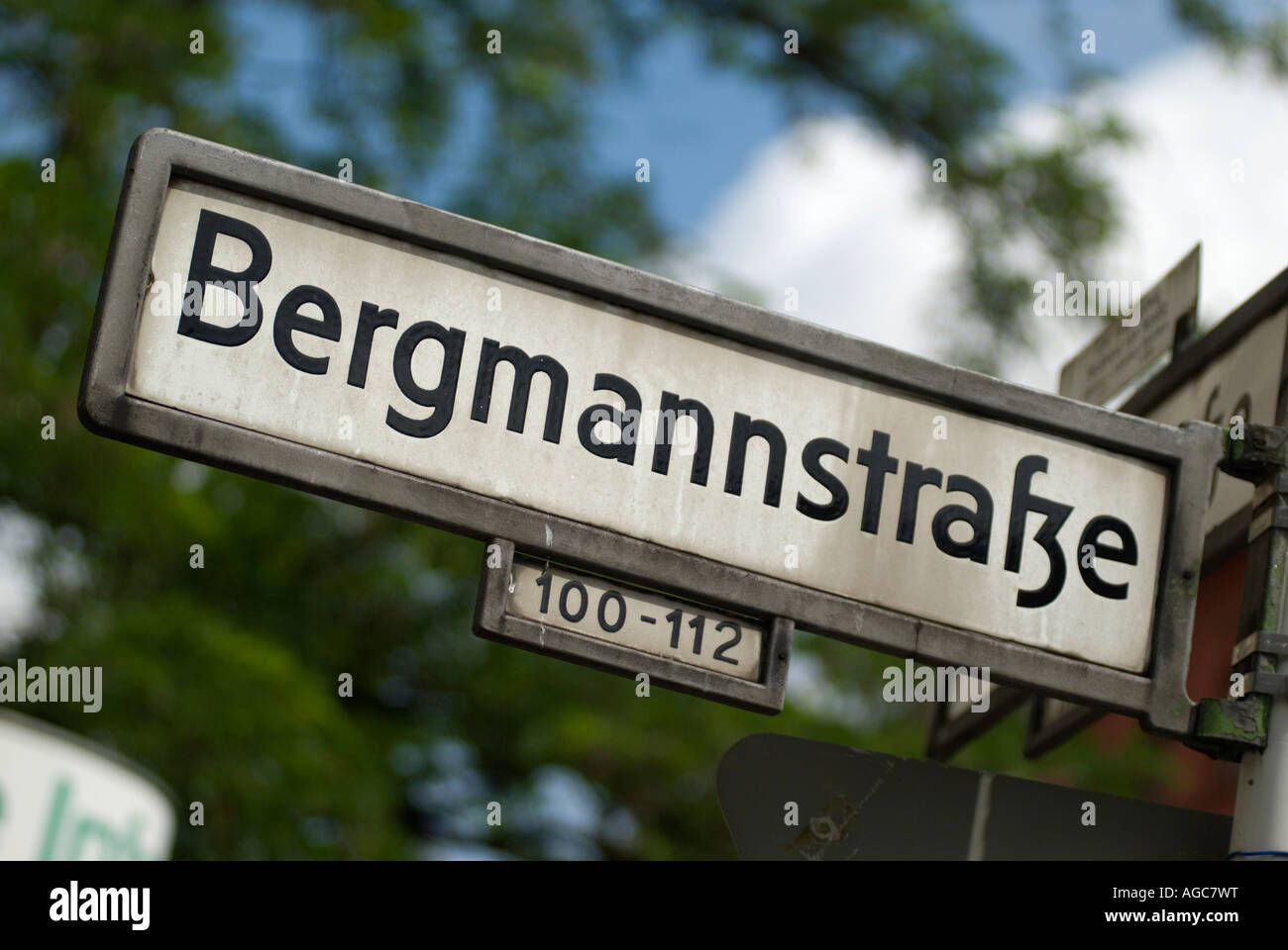 Bergmannstrasse. Road sign. Berlin. Kreuzberg. Popular street and quarter with old houses, cafés, shops and restaurants. Stock Photo
