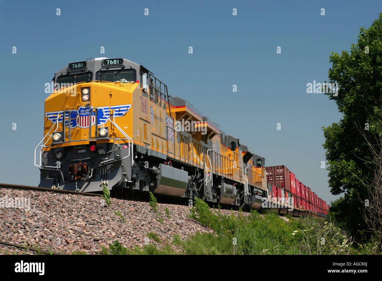 Union Pacific and train wait on a siding near Boone Iowa