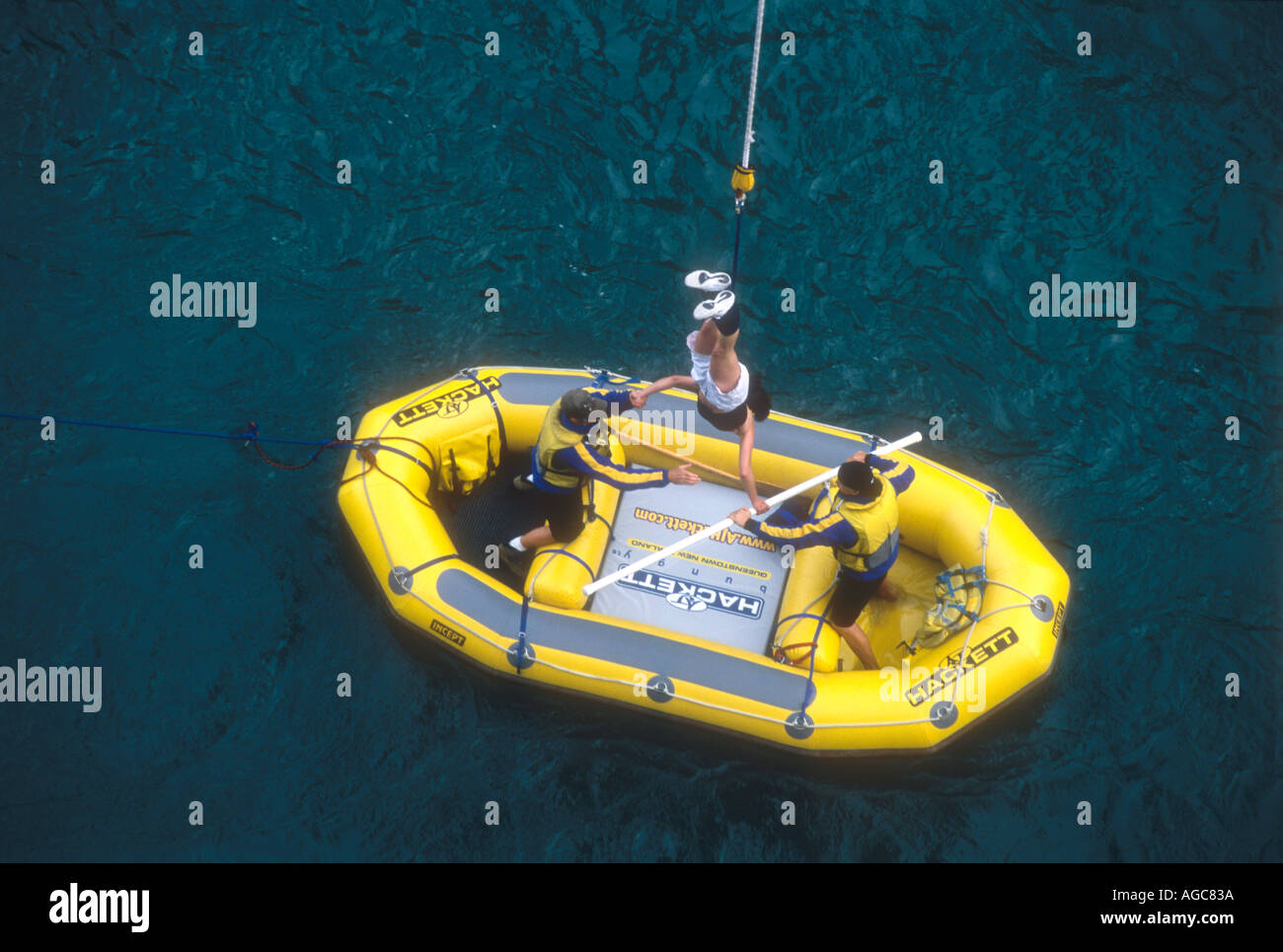 A raft used for bringing in a bungy jumper at the Shotover River near Queenstown Otago South Island New Zealand Stock Photo