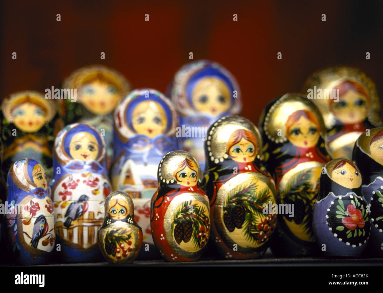 A collection of Matryoshka Dolls or nesting dolls for sale in Moscow shops Stock Photo