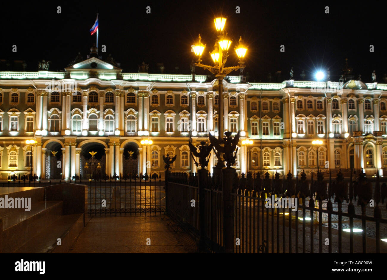 A floodlit view of The Winter Palace on Palace square in St Petersburg ...