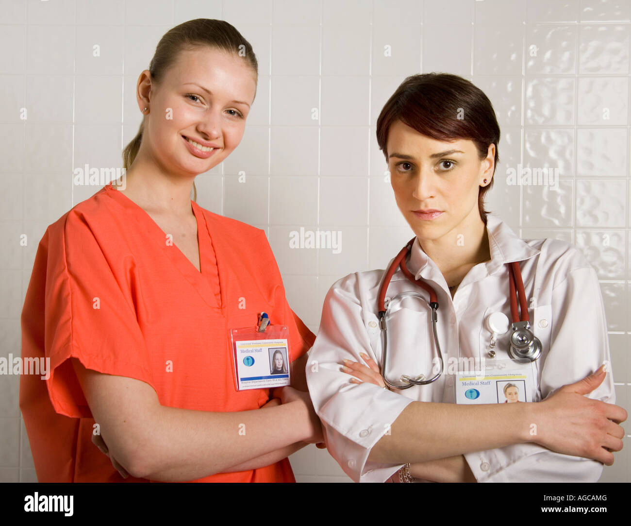 Nurses wearing identification badges Stock Photo Alamy