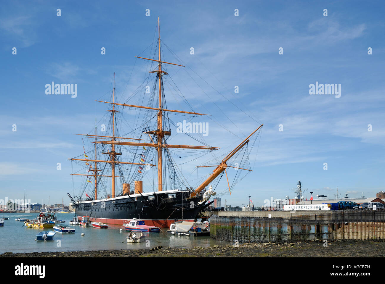 HMS Warrior the world’s first iron-hulled, armoured warship powered by steam as well as sail and constructed of wrought at Portsmouth Historic Dockyard. Stock Photo