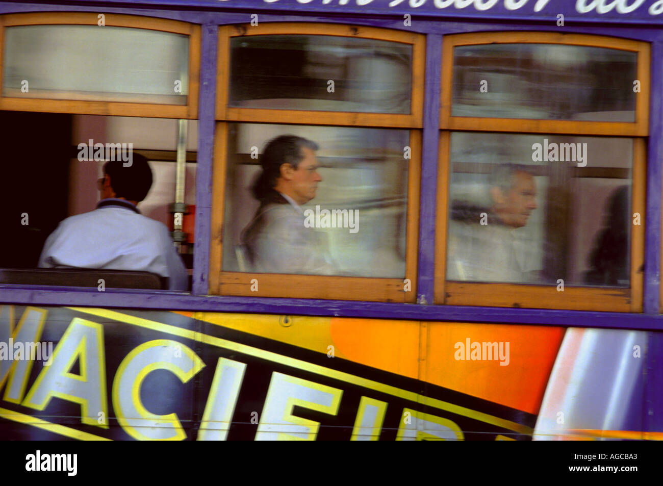 Europe Portugal Lisbon Trolley blured motion passengers Stock Photo