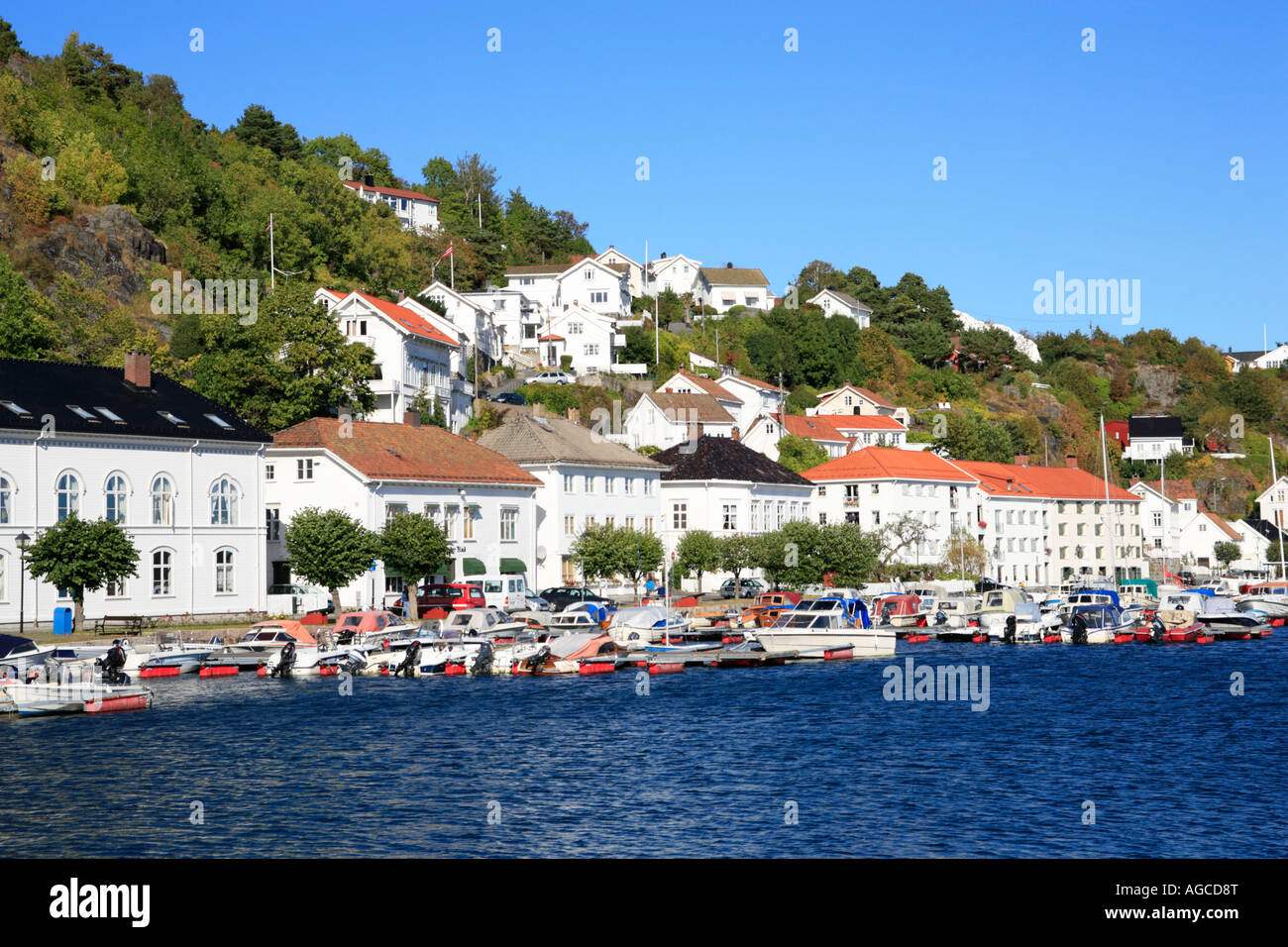 white wooden houses at the harbour of Risor in the South of Norway