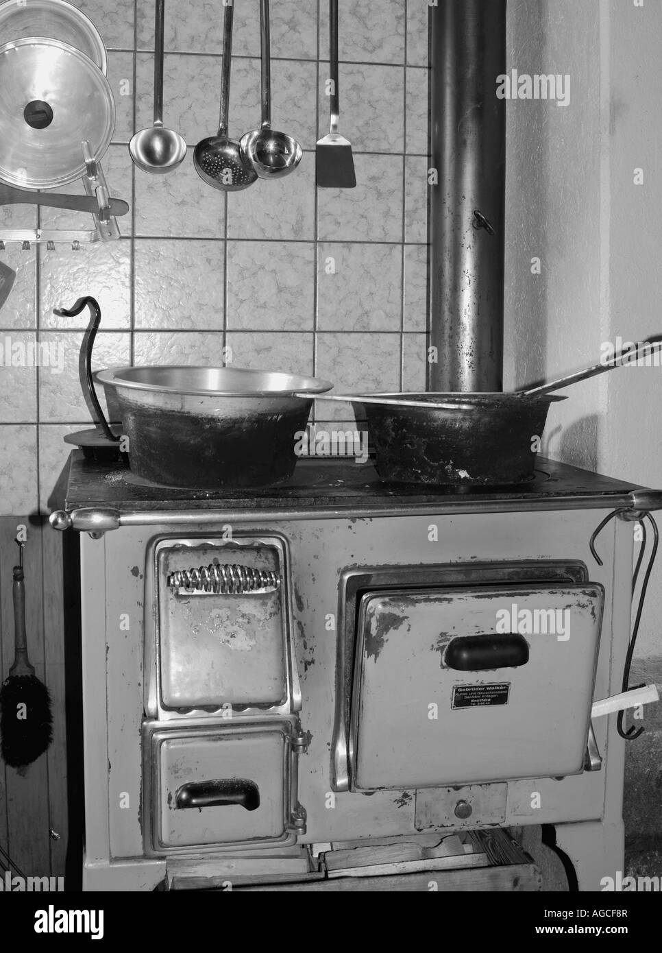 Swiss rural life,an old wood burning stove, Aga Stock Photo